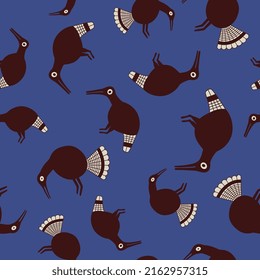 Seamless animal pattern with funny birds. Native American art of Pueblo Mogollon Indians. Mimbres pottery. On blue background.