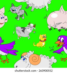 Seamless animal pattern with funny cartoon dogs, cat,cow,bird,pig