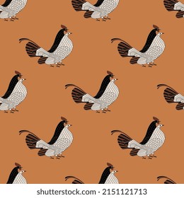Seamless animal pattern with funny couples of hen and rooster. Two black and white birds on orange background. Ancient Greek ornament. Vase painting style.