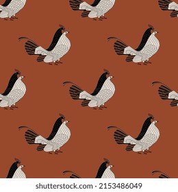Seamless animal pattern with funny couples of hen and rooster. Two black and white birds on red background. Ancient Greek ornament. Vase painting style.
