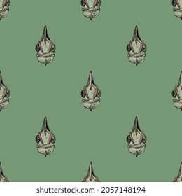 Seamless animal pattern with funny faces of green chameleon lizard. Hand drawn colorful rough sketches on green background.