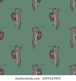 Patrón animal sin inconvenientes con gatos guerreros divertidos. Soldados de tabby con espadas y escudos. Diseño de manuscritos iluminados medievales. En el fondo verde.
