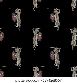 Seamless animal pattern with funny fighting warrior cats. Tabby soldiers with swords and shields. Medieval illuminated manuscript design. On black background.