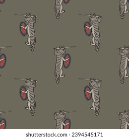 Seamless animal pattern with funny fighting warrior cats. Tabby soldiers with swords and shields. Medieval illuminated manuscript design. On gray background.