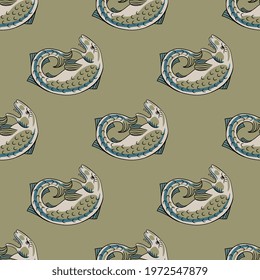 Seamless animal pattern with funny fish. Medieval folk style.
