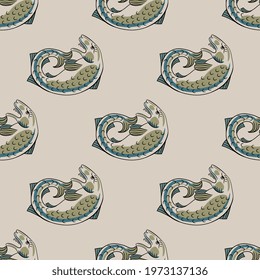 Seamless animal pattern with funny fish. Medieval folk style.