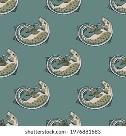 Seamless animal pattern with funny fish. Medieval folk style.