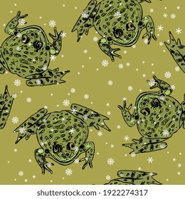 Seamless animal pattern with funny green frogs or toads and snowflakes.