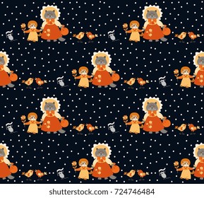 Seamless animal pattern with funny kitten, cat, birds and mouses on polka dot background. Vector illustration for baby.