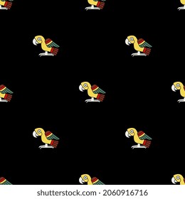 Seamless animal pattern with funny parrot birds. Folk style. Native American animal design of Aztec Indians from Mexican codex. On black background.