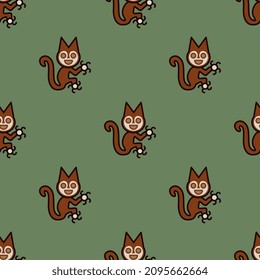 Seamless animal pattern with funny squirrels or cats. Paracas textile. Native American ethnic art of ancient Peru. On green background.
