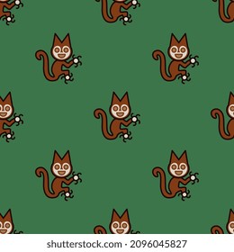 Seamless animal pattern with funny squirrels or cats. Paracas textile. Native American ethnic art of ancient Peru. On green background.