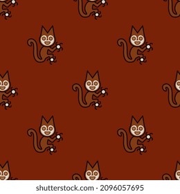 Seamless animal pattern with funny squirrels or cats. Paracas textile. Native American ethnic art of ancient Peru. On red background.