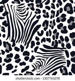 Seamless animal pattern, fur texture. Zebra and leopard skin. Black and white vector wallpaper.