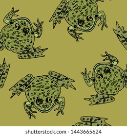Seamless animal pattern with hand drawn funny frogs or toads. 