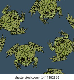 Seamless animal pattern with hand drawn funny frogs or toads. 