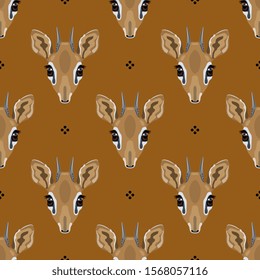 Seamless animal pattern with heads of African antelopes dik-dik. Flat cartoon style.