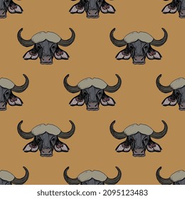 Seamless animal pattern with heads of African buffalo. Syncerus caffer. Animal mask. Horned bull. Hand drawn colorful rough sketches. On yellow background.