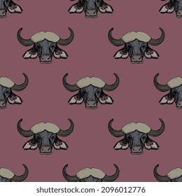 Seamless animal pattern with heads of African buffalo. Syncerus caffer. Animal mask. Horned bull. Hand drawn colorful rough sketches. On purple pink background.