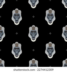 Seamless animal pattern with heads of drill monkey. Mandrillus leucophaeus. Baboon face. Primate masks. Cartoon style. On black background.