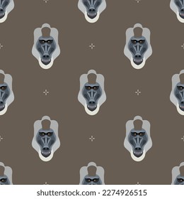 Seamless animal pattern with heads of drill monkey. Mandrillus leucophaeus. Baboon face. Primate masks. Cartoon style. On brown background.