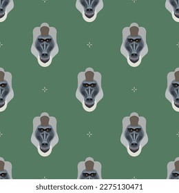 Seamless animal pattern with heads of drill monkey. Mandrillus leucophaeus. Baboon face. Primate masks. Cartoon style. On green background.