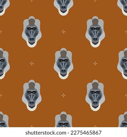 Seamless animal pattern with heads of drill monkey. Mandrillus leucophaeus. Baboon face. Primate masks. Cartoon style. On orange background.