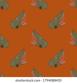 Seamless animal pattern with heads of fantastic monster beasts. Medieval motif.
