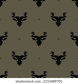 Seamless animal pattern with heads of a goat or antelope with twisted horns. Animal face mask. Ancient Sumerian sculpture. 