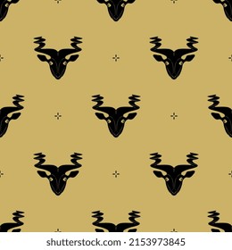 Seamless animal pattern with heads of a goat or antelope with twisted horns. Animal face mask. Ancient Sumerian sculpture. On yellow background.