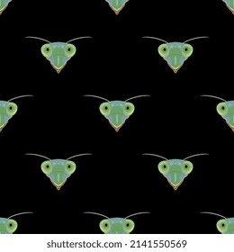 Seamless animal pattern with heads of a green praying mantis insect. Tenodera sinensis. On black background.