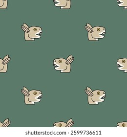 Seamless animal pattern with heads of a hare or rabbit. Ethnic Native American design from Mexican codex. On green background
