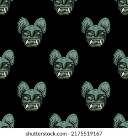 Seamless animal pattern with heads of jaguar demon. Moche art from ancient Peru. Native American art of Peruvian Indians. Green faces of cat with fangs on black background. Hand drawn rough sketches.