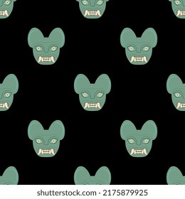 Seamless animal pattern with heads of jaguar demon. Moche art from ancient Peru. Native American art of Peruvian Indians. Green faces of cat with fangs on black background.