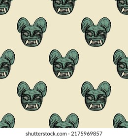 Seamless animal pattern with heads of jaguar demon. Moche art from ancient Peru. Native American art of Peruvian Indians. Green faces of cat with fangs on white background. Hand drawn rough sketches.