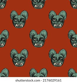 Seamless animal pattern with heads of jaguar demon. Moche art from ancient Peru. Native American art of Peruvian Indians. Green faces of cat with fangs on red background. Hand drawn rough sketches.