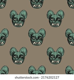 Seamless animal pattern with heads of jaguar demon. Moche art from ancient Peru. Native American art of Peruvian Indians. Green faces of cat with fangs on brown gray background.
