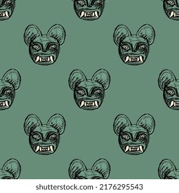 Seamless animal pattern with heads of jaguar demon. Moche art from ancient Peru. Native American art of Peruvian Indians. On green background.