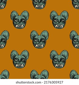 Seamless animal pattern with heads of jaguar demon. Moche art from ancient Peru. Native American art of Peruvian Indians. Green faces of cat with fangs on orange background. Hand drawn rough sketches.