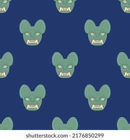 Seamless animal pattern with heads of jaguar demon. Moche art from ancient Peru. Native American art of Peruvian Indians. Green cat faces with white fangs on blue background.