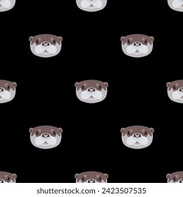 Seamless animal pattern with heads of otter. Cartoon style. On black background.