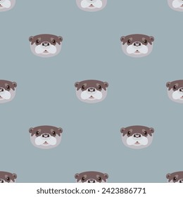 Seamless animal pattern with heads of otter. Cartoon style. On light blue background.