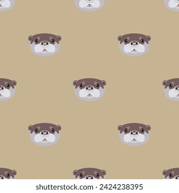 Seamless animal pattern with heads of otter. Cartoon style. On beige background.