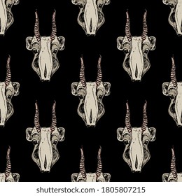 Seamless animal pattern with heads of Saiga antelope. (Saiga tatarica). Hand drawn rough sketches.