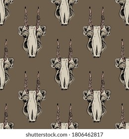 Seamless animal pattern with heads of Saiga antelope. (Saiga tatarica). Hand drawn rough sketches.