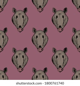 Seamless animal pattern with heads of wild boar pig. Hand drawn rough sketches.