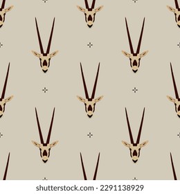 Seamless animal pattern with horned heads of Oryx antelope. Scimitar oryx. Oryx dammah. On white background.