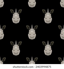 Seamless animal pattern with horned heads of Indian rhinoceros. (Rhinoceros unicornis). Funny animal masks. Cartoon style. On black background.