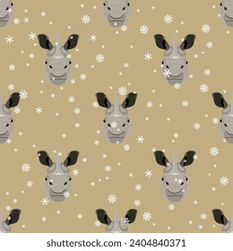 Seamless animal pattern with horned heads of Indian rhinoceros and snowflakes. (Rhinoceros unicornis). Seasonal winter design. Funny animal masks. Cartoon style. On yellow beige background.