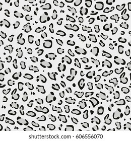 Seamless animal pattern. Imitation print of skin of snow leopard irbis. Black and grey spots on grey background.